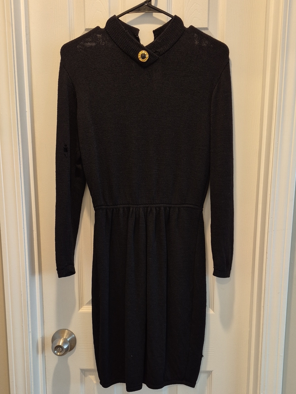 St. John Long-Sleeve Black Dress with Gold Button